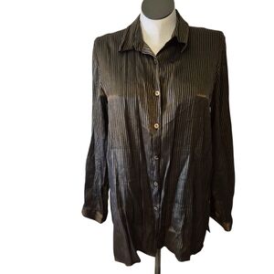 Vintage 80s FORENZA SHINY Black and Gold Striped Button-Up Shirt  womens LARGE